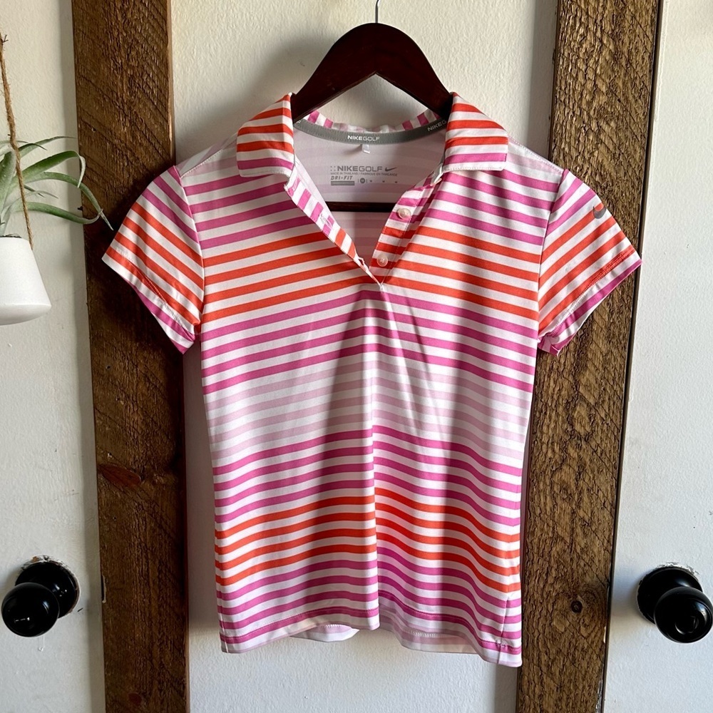 Y2K Nike Golf Ladies Polo Dri Slim Fit Sz Med Stripes Pink Orange Short Sleeve